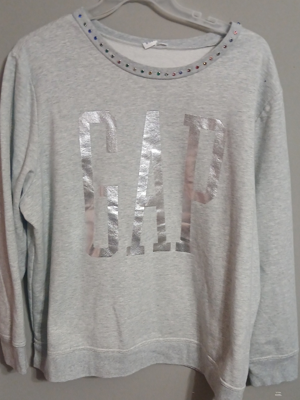 GAP Light Gray Sweatshirt with Silver Logo and Rhinestone Collar